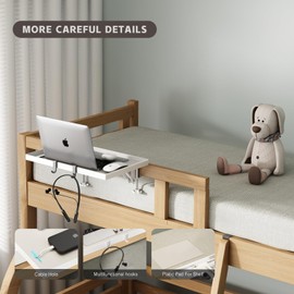 Magheo Foldable Bedside Shelf, Metal Clip-On Bunk Bed Table Shelf for Top Bunk Heavy Duty Bed Side Table Tray for College Dorm Room Essentials, Loft Nightstand Organizer Tray with 3 Cord Hole(White)