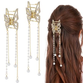 CHANZET Gold Butterfly Hair Claw Clips with Pearl Tassel Chain 2pcs, Metal Butterfly Hair Clips Clamps Rhinestone Decoration Hair Accessories for Women Girls Thick Thin Hair