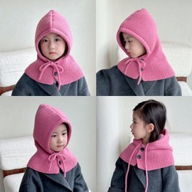 Toddler Balaclava Korean Kids' Hat for Autumn & Winter Boys lf1820 Free Size/Rose Pink [Button Drawstring Scarf Integrated Wool Cap N] 4ea