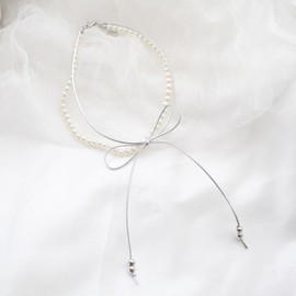 Wendalern Boho Pearl Beaded Bow Necklace Layered Leather Cord Chain Pearl Necklace White Wax Rope Chain Pearl Choker Necklace Long Ribbon Bowknot Necklace Wedding Jewelry for Women