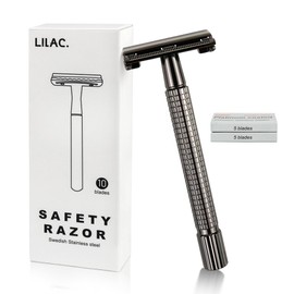 LILAC Safety Razor for Men, Double Edge Butterfly Open Razor with a Heavyweight Metal Razor Handle and 10 Platinum Coated Stainless Razor Blades, reusable mens razors for shaving