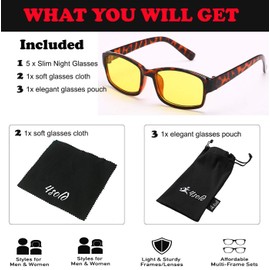 4sold Slim Anti Glare Glasses Night Driving Yellow Lens Glasses Tortoise Shell Brown Frame Unisex case cloth (Panther)