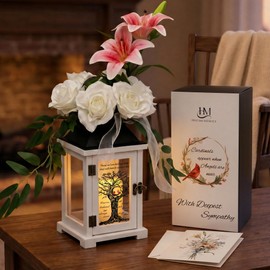 HugMemories Memorial Lantern with Lily Rose Flower, Sympathy Gifts for Loss of Mother Father, Funeral Remembrance Gift for Loss of Loved One