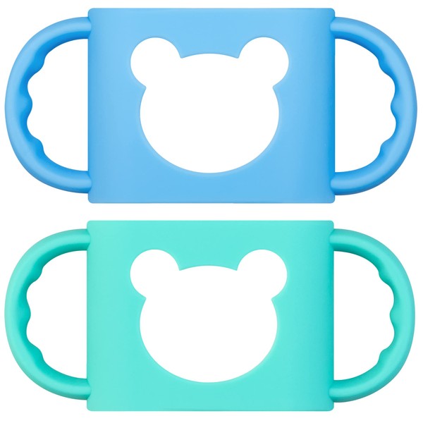 Baby Bottle Handles, Durable Food Grade Silicone Transitional Sippy Cup Handle Grip for Wide-Neck Baby Bottles, Cute Bear Design, Pack of 2, Blue & Turquoise
