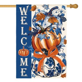 AVOIN colorlife Blue and White Chinoiserie Fall House Flag 28x40 Inch Double Sided Outside, Pumpkin Autumn Rustic Yard Outdoor Flag