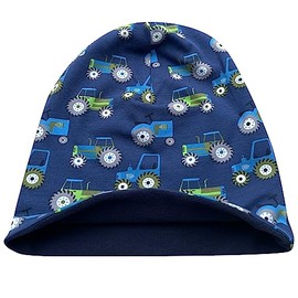 Wollhuhn Eco Warm Winter Boys / Girls / Children Winter Long Beanie Hat with Fleece Lining Various Designs (Made of Eco Fabrics, Organic) 20220666 (Tractor Dark Blue, S), Tractor dark blue