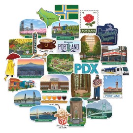 Navy Peony Hipster Portland Travel Stickers (28pcs) - City of Roses, Oregon, America City-Themed Vacation Stickers for Scrapbooking, Journals