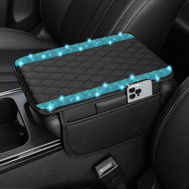 NBTEPEM Bling Car Center Console Cover, Leather Car Arm Rest Cover Cushion with 2 Storage Bags, Universal Car Middle Console Cover Car Accessories Interior for Most Vehicles (Aquamrine Diamond)