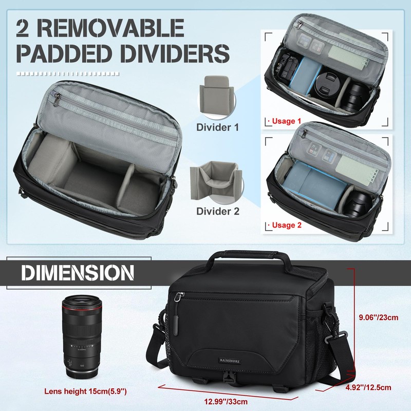 RAINSMORE Camera Bag, Small DSLR/SLR/Mirrorless Camera Sling Bag Waterproof Camera