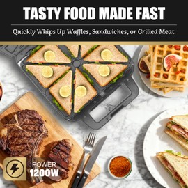 FineMade Panini Grill Press Breakfast Sandwich Maker 3 in 1, Electric Griddle Panini Press, Grilled Cheese Maker, Sandwichera Electrica, Belgian Waffle Maker with Removable Plates