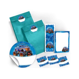 Party Bags Children's Birthday 12 Gift Bags / Blue + 12 Stickers + 12 Bookmarks + 12 Mini Notepads Monster Truck / Party Gifts for Children Boys Birthday Giveaways Car Party Bags