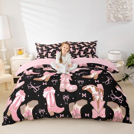 Feelyou Black Pink Western Bedding Set Cowgirl Cowboy Boots Comforter Set for Kids Boys Girls Teens Room Decor Cute Bowknot Dreamy Princess Style Comforter Twin Size Girly Duvet Set 2Pcs