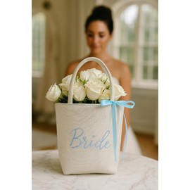 MTaM More Than a Mood Something Blue Perfect Bride Bag | White Bride to be Handbag, Bride Gift Bag, Bachelorette Decorations, Bridal Shower Unique Keepsake, Engagement Party Gift