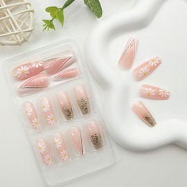 White French Tip Press on Nails Medium Coffin Fake Nails Flower Glue on Nails Light Pink Translucent Acrylic Nails Gold Glitter False Nails Glossy & Spring Stick on Nails for Women 24 Pcs