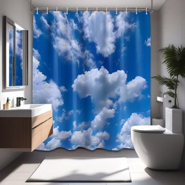 DLTAY Blue Sky Shower Curtain White Clouds Nature Scenic Landscape Bathroom Decor, Waterproof Cloth Fabric with Hooks, 72x72 inch