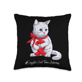 Congestive Heart Failure Awareness Month Red Ribbon Cat Throw Pillow, 16x16, Multicolor