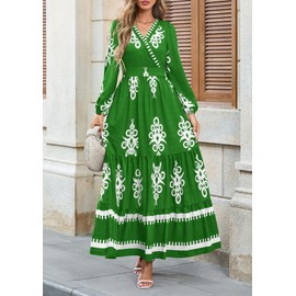 PRETTYGARDEN Women's 2025 Fall Wedding Guest Dresses Boho Floral Long Sleeve V Neck Flowy Elegant Maxi Dress Beach Clothes (Floral Green White,Large)