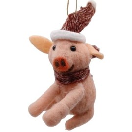 OnHoliday Wool Felt Barnyard Farm Animal Pink Pig in Red Santa Hat and Scarf Hat Above Ears Style A Hanging Christmas Tree Ornament