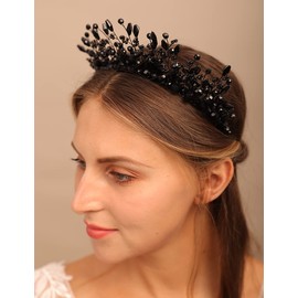 YERTTER Tiara de perlas de boda vintage hecha a mano para el pelo de novia, diosa griega, piezas de cabeza de perlas para boda, graduación, fiesta de cumpleaños (negro)