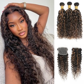 Anmetan Water Wave Honey Blonde Highlight Color Curly Bundles Human Hair with 4×4 HD Lace Closure, 12A Brown and Black Ombre F1B30 Soft Wet and Wavy 3 Bundles with Closure 100% Remy 12 14 16 + 12 In