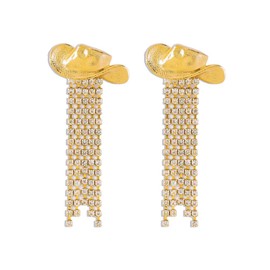 Western Cowgirl Cowboy Hat Earrings for Women Enamel Hat Sparkly Rhinestone Tassel Dangle Earrings Prom Country Concerts Rodeo Outfits Trendy Jewelry Gifts-Gold