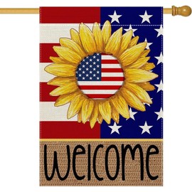 LHSION Patriotic Sunflower House Flag 28 x 40 Inch Welcome 4th of July USA Vertical Double Sided Burlap Flag for Summer Anniversary Outddor Decor