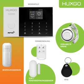 HUXGO® HXA005 Wireless Alarm System Set WiFi + GSM with Siren, Alarm System with Motion Sensor, 5 x Door Window Sensors, Remote Control, Motorhome Alarm System, Smart Home