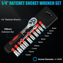 Twilight Garage 12PCS 1/4'' Ratchet Socket Wrench Set, Mechanic 4-13mm Ratchet Socket Tool Set with Quick Release Reversible Ratchet Handle and Extension Bar, Metric Mechanic Tool Kit