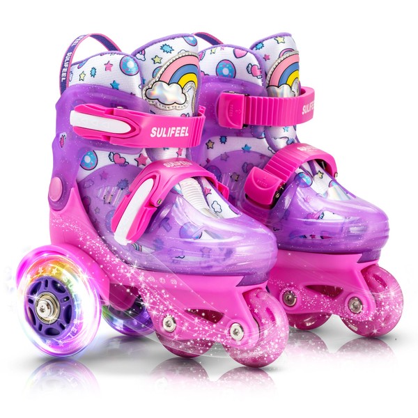 SULIFEEL Adjustable Roller Skates for Girls Boys Kids,Fun Illuminating Light Up Flash Wheels Three-Point Type Balance Suitable for Beginners Indoor Roller Skating Purple & Pink Size Small