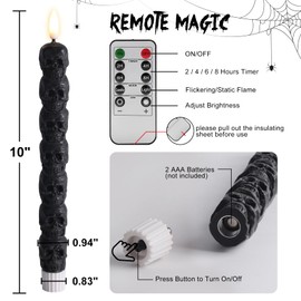Eywamage Black Skull Flameless Taper Candles with Remote, Flickering Real Wax Battery LED Candlesticks Set of 4