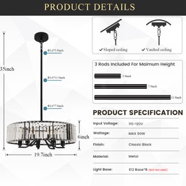 Black Crystal Chandelier for Dining Room, 6-Light Modern Semi Flush Mount Chandelier Lighting Fixtures,Round Kitchen Hanging Drum Pendant Lights Ceiling for Bedroom Entryway Foyer, E12 Base, 19.7Inch
