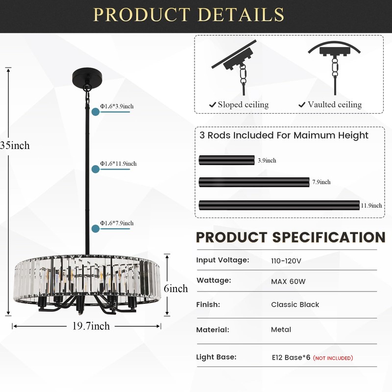 Black Crystal Chandelier for Dining Room, 6-Light Modern Semi Flush