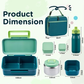 MAISON HUIS Kids Bento Box Set - Includes 8oz Soup Thermo, Insulated Lunch Bag & 17oz Stainless Steel Water Bottle, 2-Compartment Bento Box with Built-In Ice Pack, Leak-Proof & BPA-Free(Green)