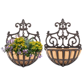 Sungmor 2PC Small Cast Iron Baskets, Heavy-Duty Wall Hanging Hollow Planter w/Fabric Liner, Antique Victoria Half Round Wall Pot Plants Holder, Outdoor Railing Fence Balcony Hanging Basket Flower Pot