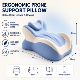 Ergonomic Prone Reading Pillow with Removable Headrest, Memory Foam Stomach-Lying Support Cushion with Anti-Slip Base for Bed Reading, Phone Browsing, Gaming & Relaxing, Blue