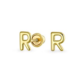 Abc Minimalist Real Yellow 14K Gold Blocking Alphabet Letter Initial Stud Earrings Safety Ball Screw Back For Teenagers For Women, Yellow Gold, Other.