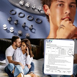 Thunaraz 12 Pairs Mens Earrings Stainless Steel Silver Black Stud Earrings Set Hypoallergenic Black Huggie Hoop Earring Fake Plug Helix Piercing Flat Back Earring for Men Women Gothic