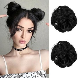PHOCAS 2PCS Messy Hair Buns Hair Piece for Updos Curly Fake Space Bun Hairpieces Scrunchie Ponytail Hair Extension for women Daily Wedding Party Use(Jet Black)