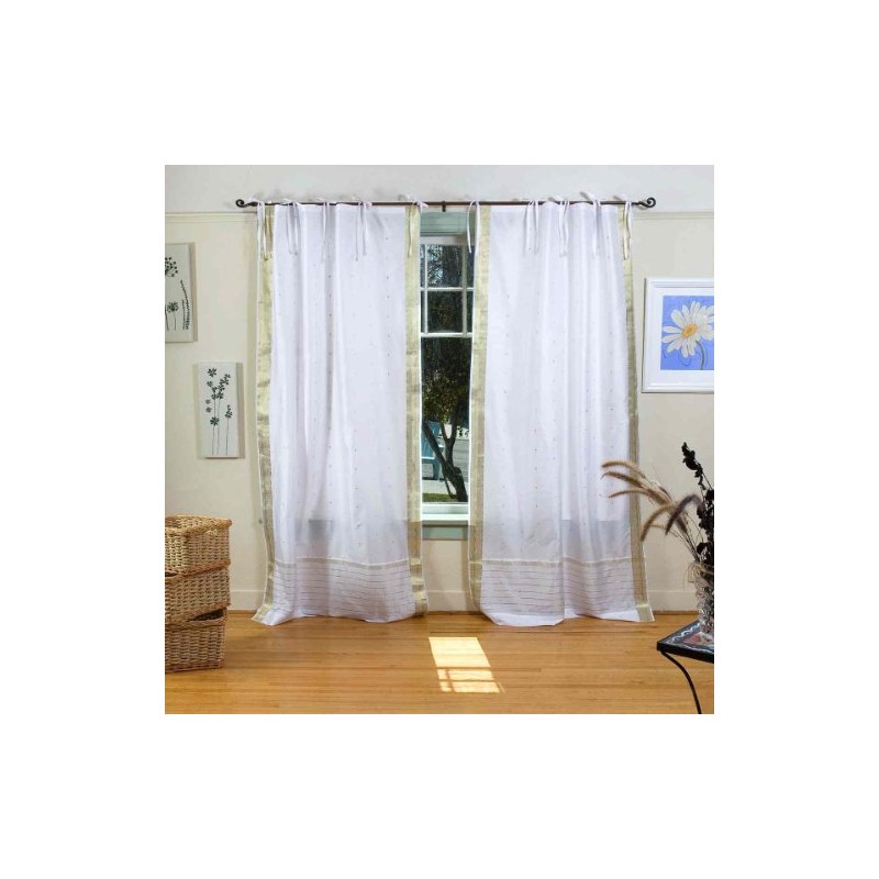 Indian Selections White with Gold Tie Top Sheer Sari Curtain/Drape/Panel