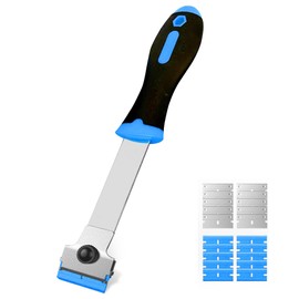 Razor Blade Scraper, Long Handle Scraper Tool with 10 Plastic and 10 Metal Blades - Ideal for Removing Labels, Stickers, Appliance Grease, and More from Windshields, Tint, and Glass (Blue)