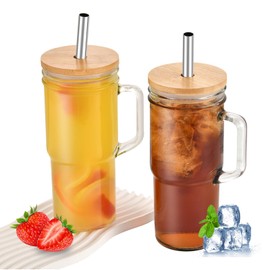 hosck 24oz Mason Jar Cups with Handle, Clear Glass Tumbler with Bamboo Lid and Straw, 2 Pack Glass Iced Coffee Cup with Lids, Cold Drinking Glasses for Iced Coffee, Juice, Bubble Tea, Milkshake