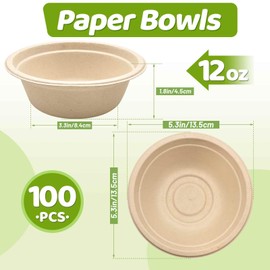 100 Pack 12 oz Disposable Paper Bowls, Heavy Duty Compostable Bowls