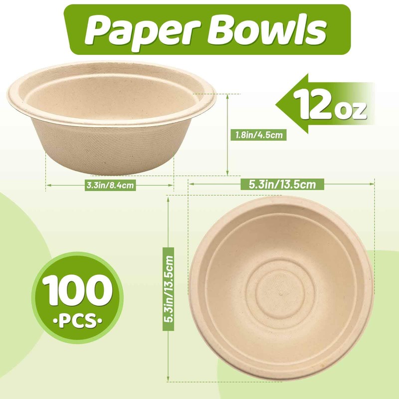 100 Pack 12 oz Disposable Paper Bowls, Heavy Duty Compostable