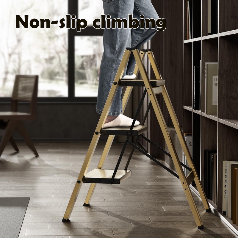 HillhutApex 3 Step Stool, Aluminum Foldable Step Ladder, Lightweight Stable