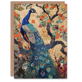 Artery8 Peacock in Tree with Wildflowers Artwork Detailed Greeting Birthday Card Him Her All Blank