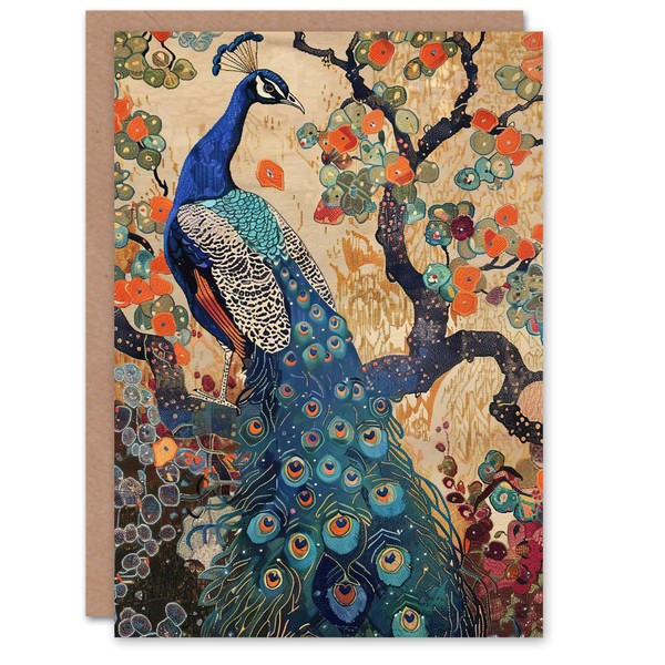 Artery8 Peacock in Tree with Wildflowers Artwork Detailed Greeting Birthday
