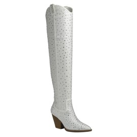 ABSOLEX Women Western Cowgirl Cowboy Pointed Toe Rhinestone Mid-Calf Over the Knee Boots, White, 7.5