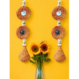 Beautiful lace Hanging with Real Mirror, Flowers & Cone Tassels Set of 2 for Indian Festival, Indian Wedding, Mehendi, Sangeet, Pooja or Diwali Decor (Orange)