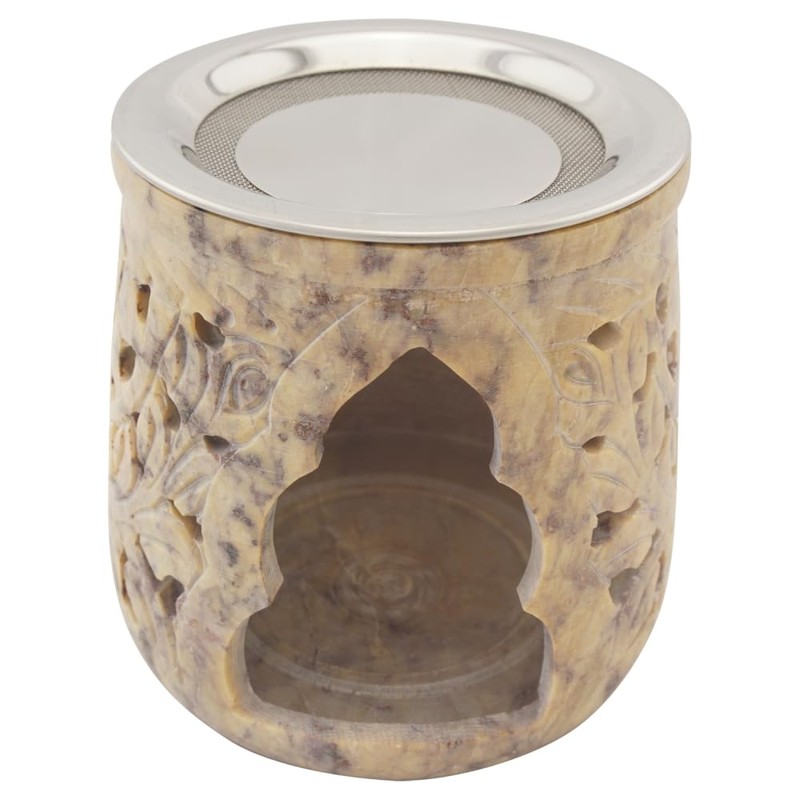 Indian Soapstone Incense Burner with Stainless Steel Strainer and Metal