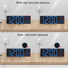 JALL 30" Large Digital Wall Mount Clock with Remote Control, Alarm, Big LED, Countdown, Auto DST, Temperature for Living Room Classroom Desk, Xmas, Birthday Gift for Senior Men Women Mom Dad, Blue